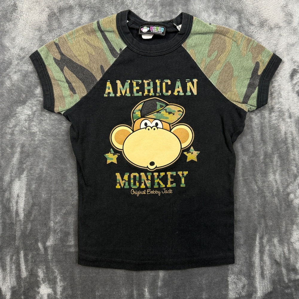 Bobby Jack Graphic T-Shirt Kids Medium Black Camo American Monkey Raglan